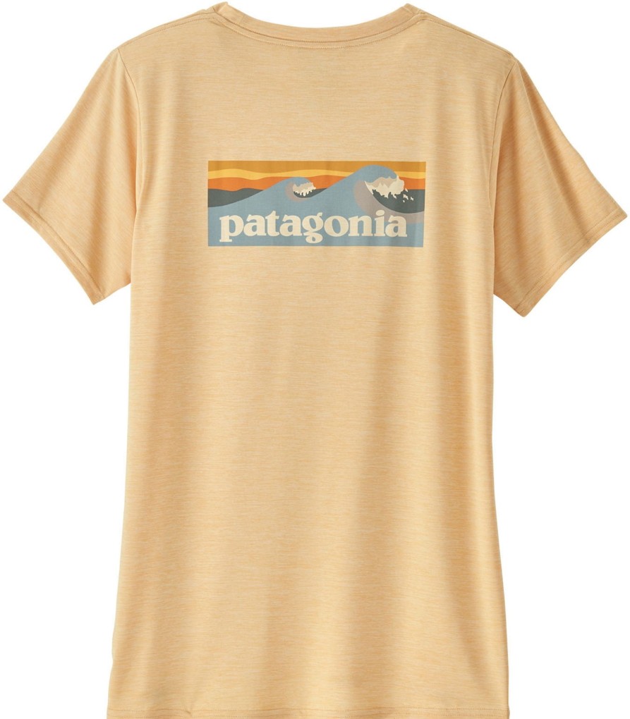 Clothing Patagonia T Shirts & Base Layers | Patagonia Womens Cap Cool Daily Graphic Shirt - Waters Boardshort Logo-Sandy Melon X-Dye Yellow