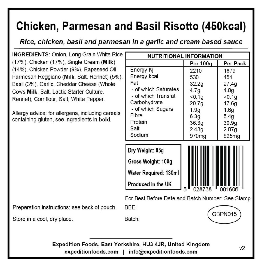 Equipment Expedition Foods Lunch/ Dinner | Expedition Foods Chicken Parmesan And Basil Risotto - 450Kcal White