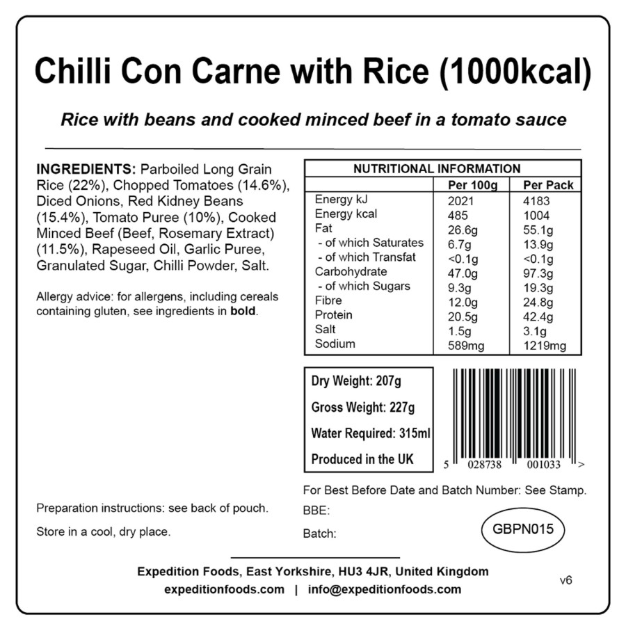 Equipment Expedition Foods Lunch/ Dinner | Expedition Foods Chilli Con Carne With Rice - 1000Kcal Black