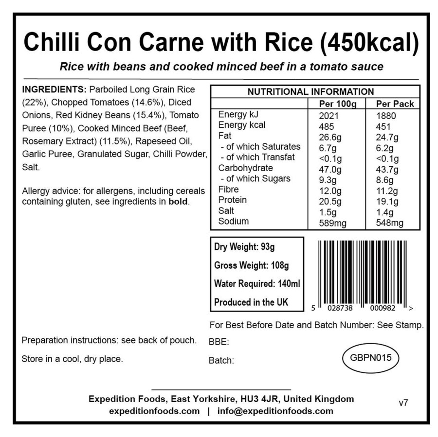 Equipment Expedition Foods Lunch/ Dinner | Expedition Foods Chilli Con Carne With Rice - 450Kcal White