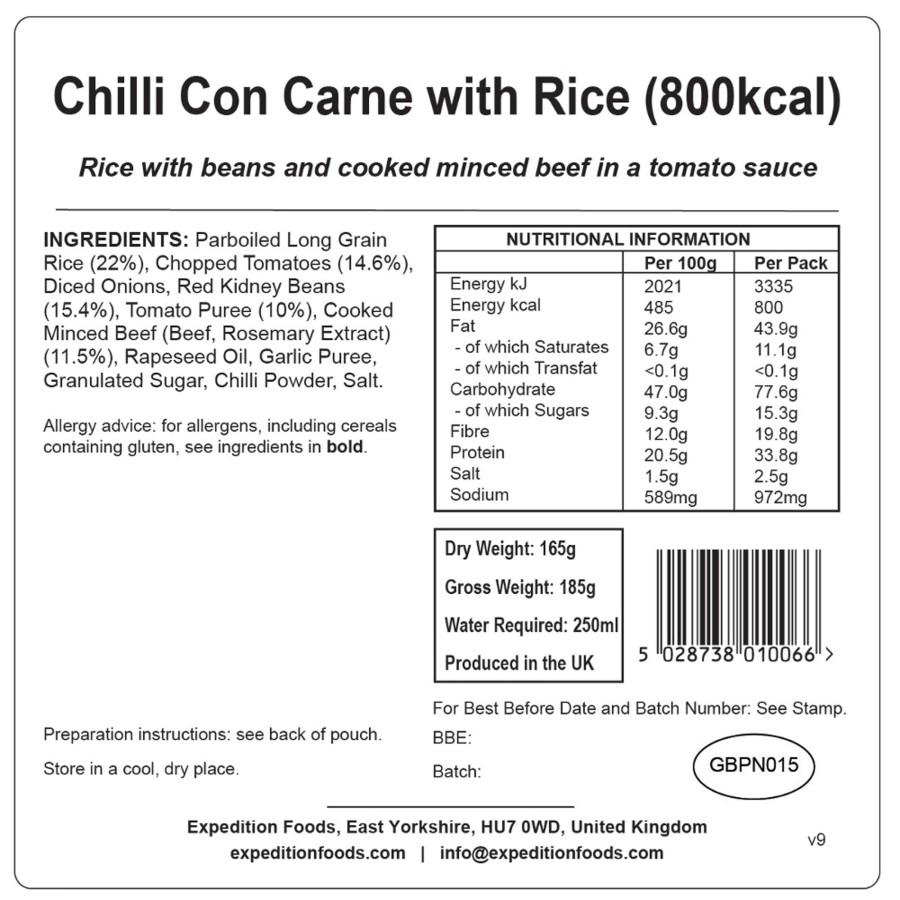 Equipment Expedition Foods Lunch/ Dinner | Expedition Foods Chilli Con Carne With Rice - 800Kcal Orange