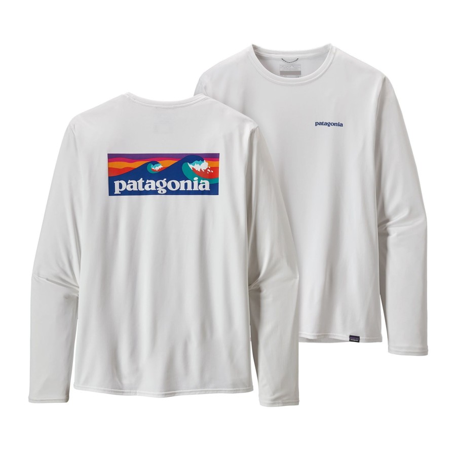 Clothing Patagonia T Shirts & Base Layers | Patagonia Mens Long Sleeved Cap Cool Daily Graphic Shirt - Waters - Boardshort Logo: White