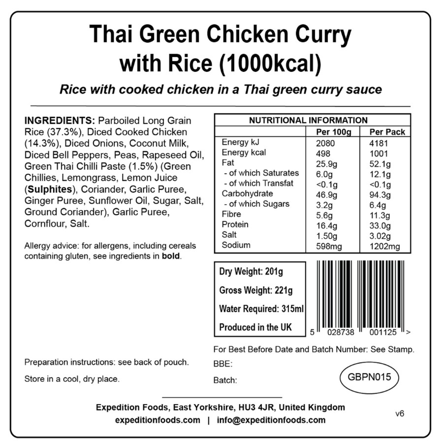 Equipment Expedition Foods Lunch/ Dinner | Expedition Foods Thai Green Chicken Curry With Rice - 1000Kcal Black