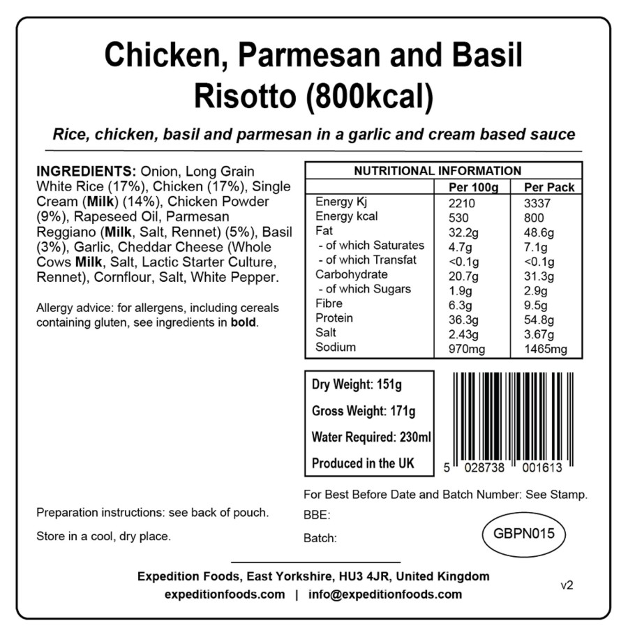 Equipment Expedition Foods Lunch/ Dinner | Expedition Foods Chicken Parmesan And Basil Risotto - 800Kcal Orange