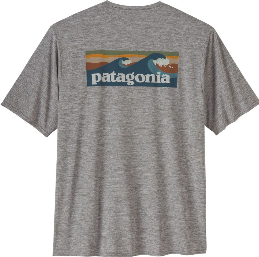 Clothing Patagonia T Shirts & Base Layers | Patagonia Mens Cap Cool Daily Graphic Shirt - Waters Boardshort Logo Abalone Blue - Feather Grey