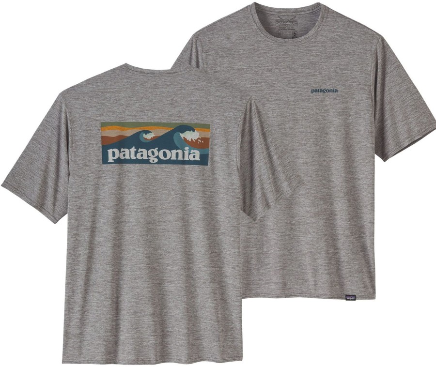 Clothing Patagonia T Shirts & Base Layers | Patagonia Mens Cap Cool Daily Graphic Shirt - Waters Boardshort Logo Abalone Blue - Feather Grey