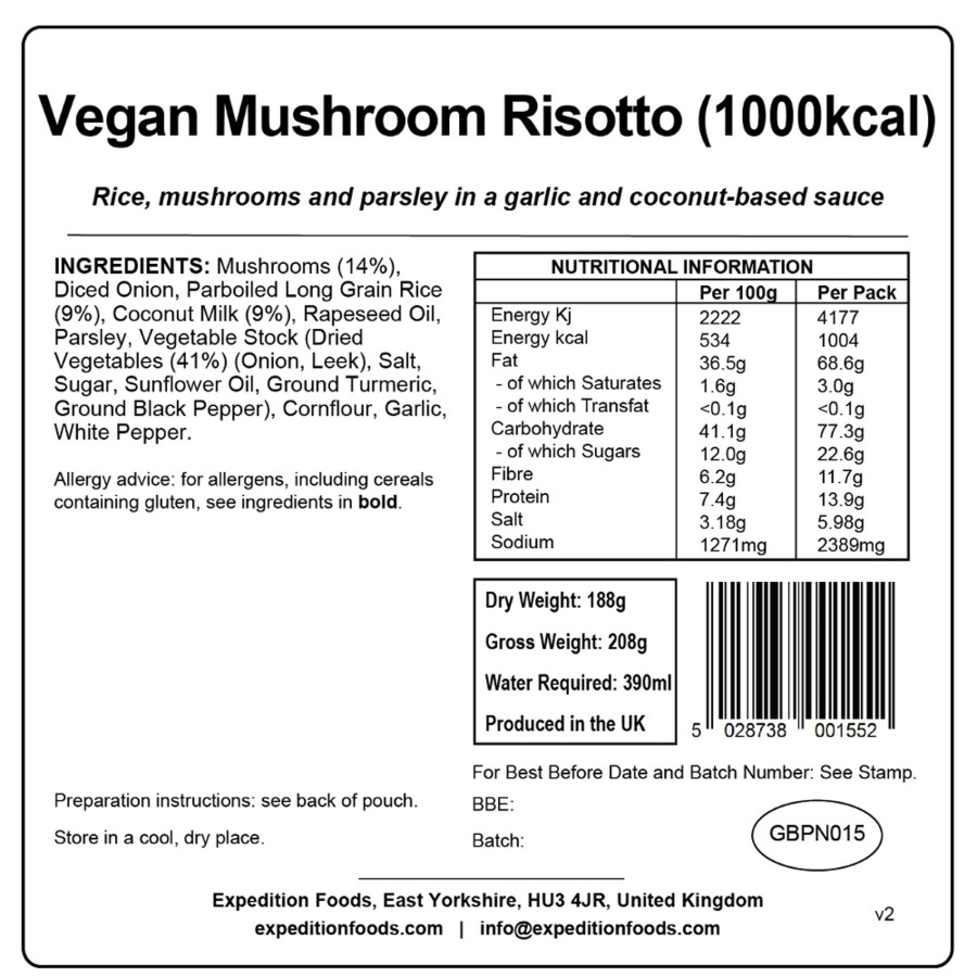 Equipment Expedition Foods Lunch/ Dinner | Expedition Foods Vegan Mushroom Risotto - 1000Kcal Black