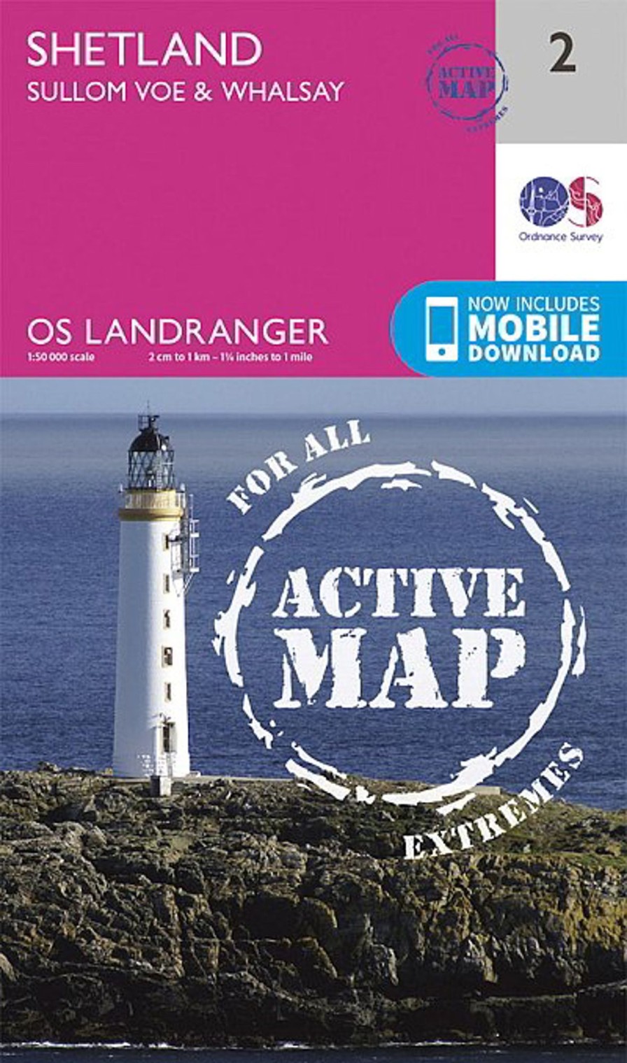 Equipment Ordnance Survey Maps And Books | Os Landranger Active Map 2 - Shetland - Sullom Voe And Whalsay Pink