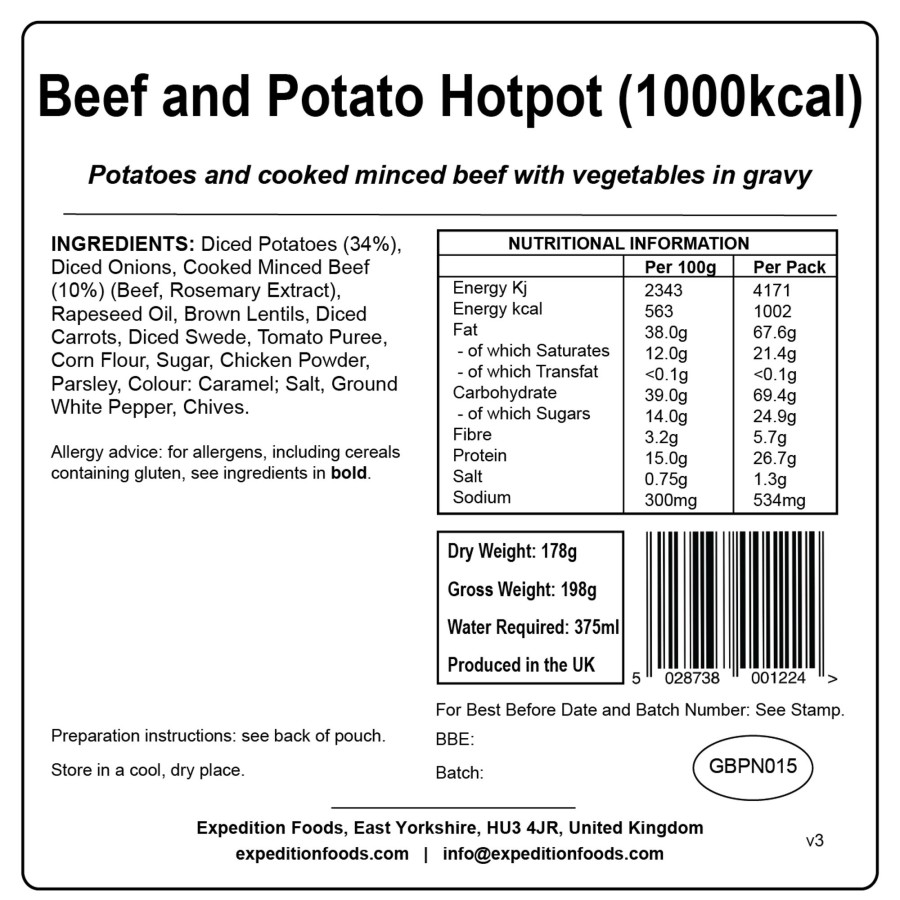 Equipment Expedition Foods Lunch/ Dinner | Expedition Foods Beef And Potato Hotpot - 1000Kcal Black