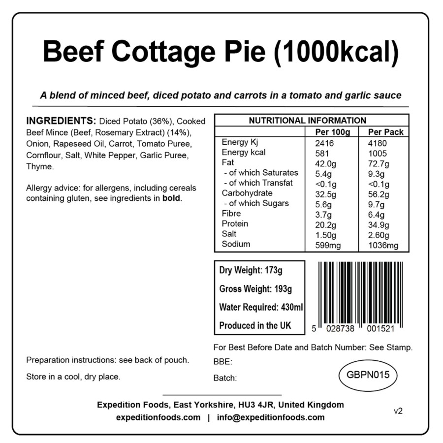 Equipment Expedition Foods Lunch/ Dinner | Expedition Foods Beef Cottage Pie - 1000Kcal Black