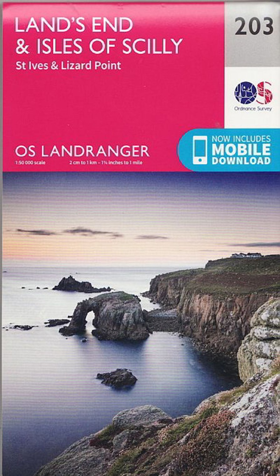 Equipment Ordnance Survey Maps And Books | Os Landranger Map 203 - Lands End And Isles Of Scilly - St Ives And Lizard Point Pink