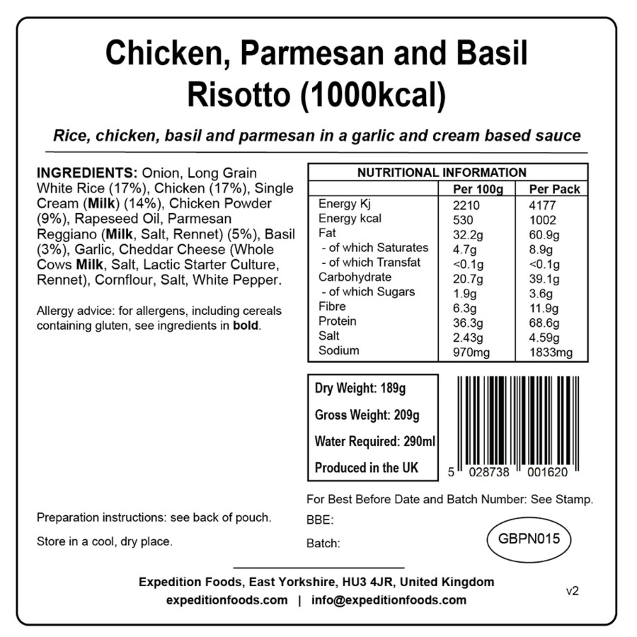 Equipment Expedition Foods Lunch/ Dinner | Expedition Foods Chicken Parmesan And Basil Risotto - 1000Kcal Black