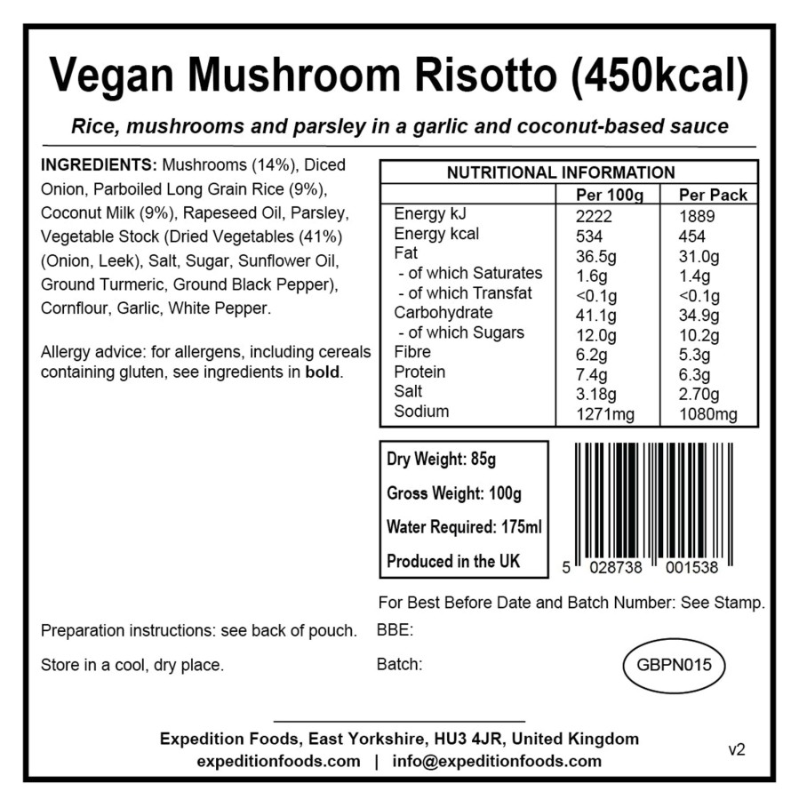 Equipment Expedition Foods Lunch/ Dinner | Expedition Foods Vegan Mushroom Risotto - 450Kcal White