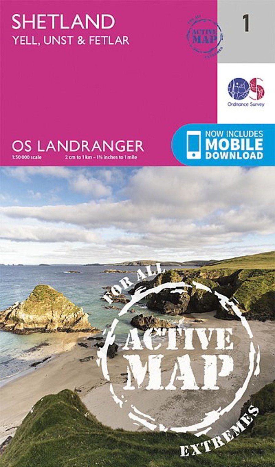 Equipment Ordnance Survey Maps And Books | Os Landranger Active Map 1 - Shetland - Yell Unst And Fetlar Pink