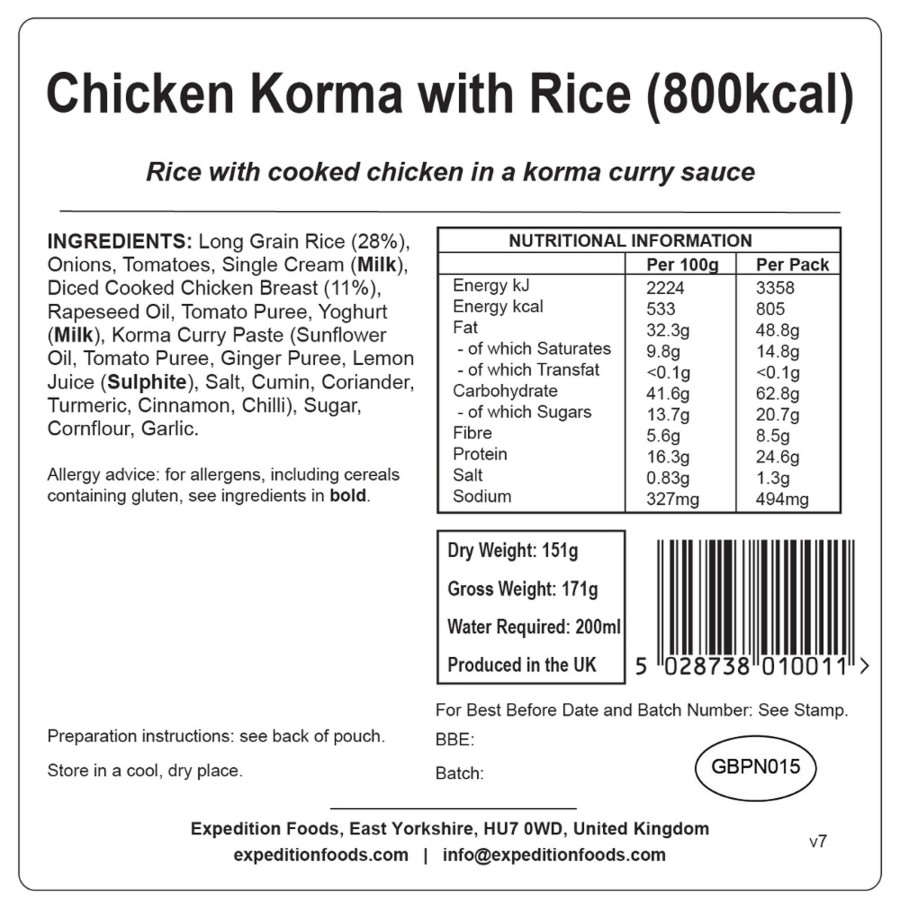 Equipment Expedition Foods Lunch/ Dinner | Expedition Foods Chicken Korma With Rice - 800Kcal Orange