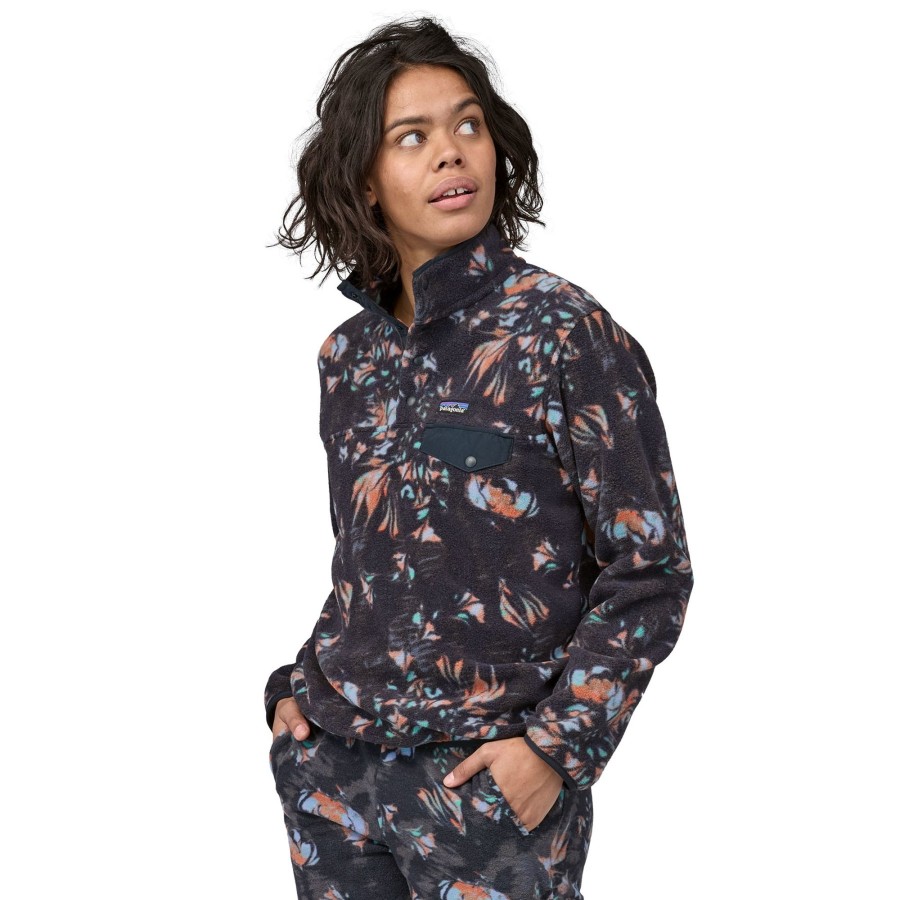 Clothing Patagonia Fleece & Mid Layer | Patagonia Womens Lightweight Synchilla Snap-T Pullover - Swirl Floral-Pitch Blue Brown